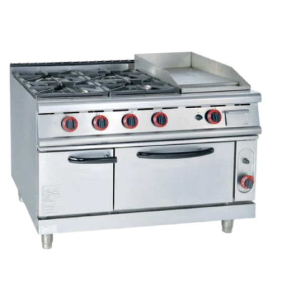 Vertical gas four-head rice cooker with barbecue grill and gas oven