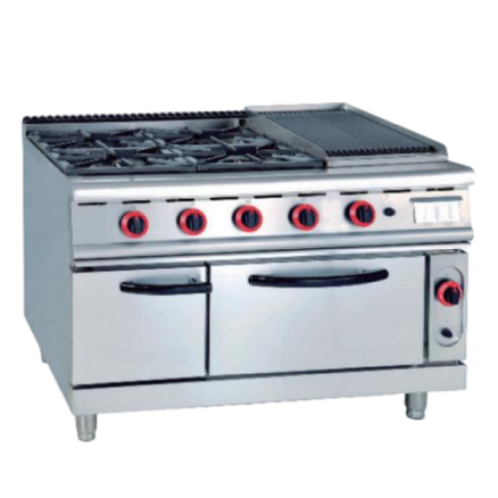 Vertical gas four-head rice cooker with barbecue grill and gas oven